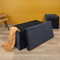 La Chaise Longue Mobilier-COFFRE BANC PLIABLE RETRO BLEU NUIT