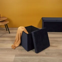 La Chaise Longue Mobilier-COFFRE POUF PLIABLE RETRO BLEU NUIT