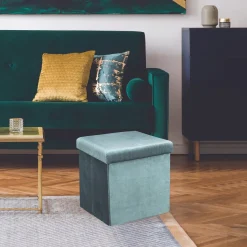 La Chaise Longue Mobilier-COFFRE POUF PLIABLE VELOURS COTELE GIULIA BLEU