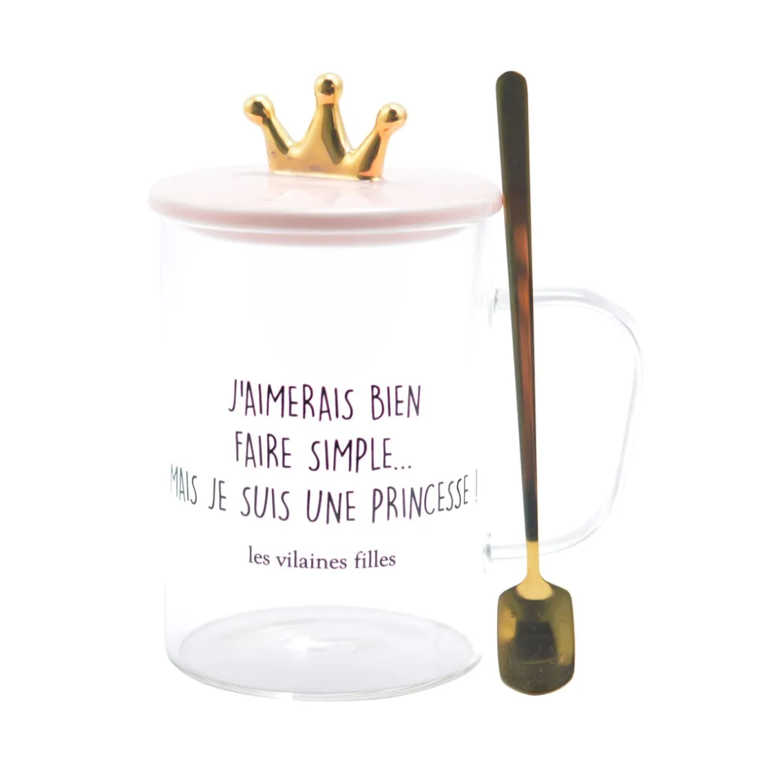 La Chaise Longue Thé & Café-TASSE VERRE PELLE AVEC COUVERCLE ROSE COURONNE